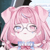 a close up of a pink haired anime girl wearing glasses and a bow .