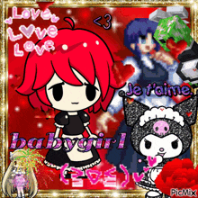 a picture of a girl with red hair and the words love love love and je t'aime