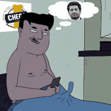 a cartoon of a shirtless man holding a cell phone with a chec logo on the bottom