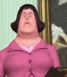 a cartoon woman in a pink suit is holding a clipboard in front of a picture .