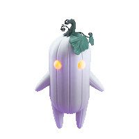 a white pumpkin with a green leaf on it 's head