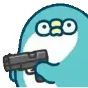 a penguin is holding a gun in its hand and pointing it at the camera .