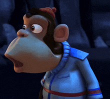 a cartoon monkey wearing a blue jacket and a red hat