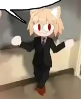 a cat in a suit and tie is standing in a hallway .