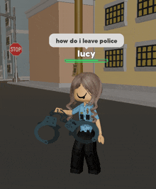 a girl in a police uniform is holding a pair of handcuffs in front of a stop sign