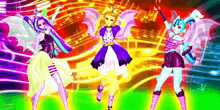 three cartoon characters are dancing in front of a colorful background with music notes .