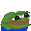 a pixel art of a green frog sitting on a blue block .