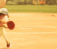 a cartoon character is running on a baseball field with a glove .