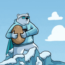 a polar bear wearing sunglasses holds a potato in his hands