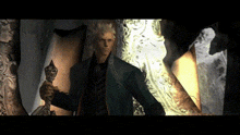 a man in a suit is holding a sword in a dark room .