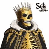 a drawing of a skeleton wearing a crown and a cape