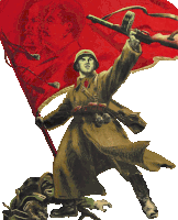 a painting of a soldier holding a red flag with lenin and stalin behind him
