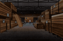 a cartoon of king of the hill running through a warehouse full of boxes