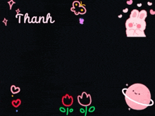a black background with pink hearts and a pink rabbit