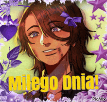 a picture of a girl with a purple bow and the words milego onia