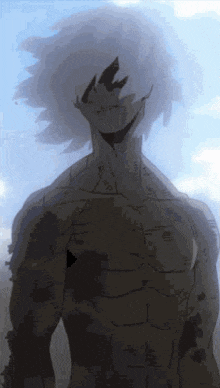a man without a shirt is standing in front of a blue sky in a cartoon .
