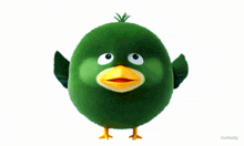 a green bird with a yellow beak is on a white background with the word runway below it