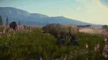 a cow is standing in a field of flowers with mountains in the background