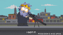 a cartoon of poseidon holding a sniper rifle with the caption " i got it poseidon 's kiss spoos "