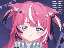 a close up of a pink anime character with the words furry on the bottom left