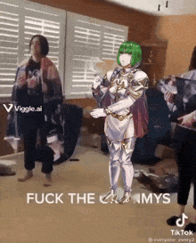 a woman with green hair is standing in front of a window with the words " fuck the mys " written on the bottom