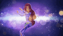 a cartoon character with purple hair and a purple outfit