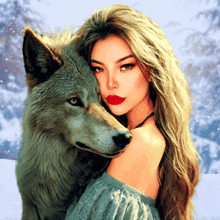 a painting of a woman holding a wolf