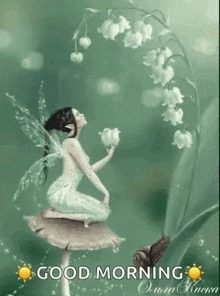 a fairy is sitting on a mushroom holding a flower and a lily of the valley .