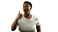 a woman in a white shirt is making an ok sign with her hands