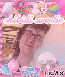a picture of a man surrounded by cotton candy and the words " kibidi sweetie " on the bottom