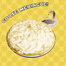 a pie with goose meringue and a goose on a yellow background