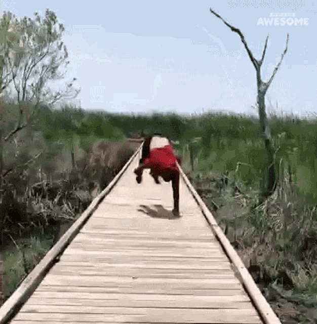 a person is doing a handstand on a wooden bridge in a field .