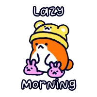 a cartoon of a bear wearing a yellow hat and pink bunny slippers says " lazy morning "