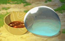 a cartoon drawing of a bowl of soup next to a clear ball with a face on it