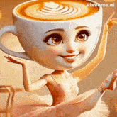 a cartoon girl with a cup of coffee in her head