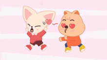 a cartoon dog is blowing a kiss to another dog with hearts in his eyes