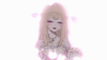 a girl with long blonde hair and a necklace on her neck is wearing a pink dress .