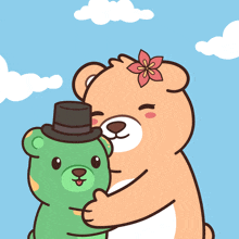 a teddy bear wearing a top hat is hugging another teddy bear with a flower on its head