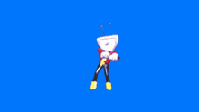 a cartoon character with antennas on his head is standing on a blue background
