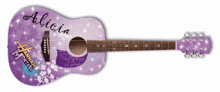 a purple guitar has the name alicia written on it