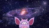 a purple cartoon character is looking up at a galaxy in the sky