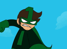 a cartoon character in a green cape and mask holds a white ball