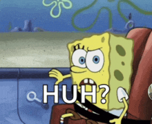 a cartoon of spongebob saying huh in a car seat