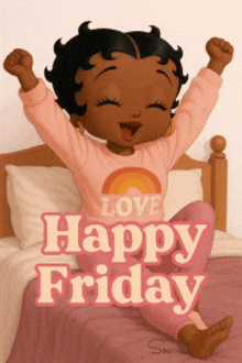 betty boop is sitting on a bed with her arms in the air and the words happy friday
