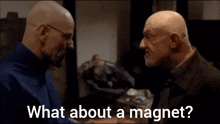 two bald men are talking to each other and the words what about a magnet are above them