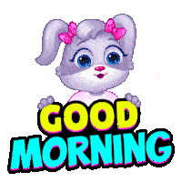 a cartoon bunny with pink bows on its ears says good morning