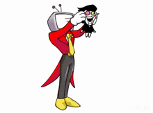 a cartoon character with a television head and a tie is standing next to a blue object .