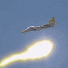 a jet is flying through a blue sky with a lot of smoke