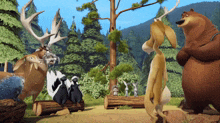 a group of cartoon animals standing around a log in the woods