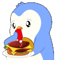 a penguin is holding a plate with a hamburger on it